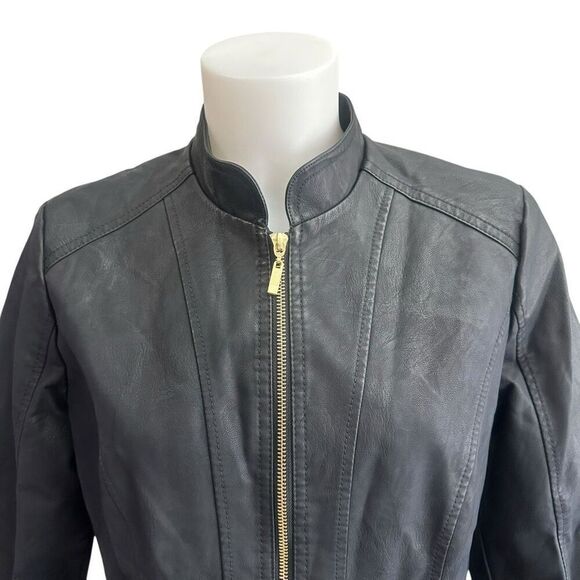 Baccini Black Zip Faux Leather Black Jean Jacket Peplum Style Medium New - Picture 2 of 10